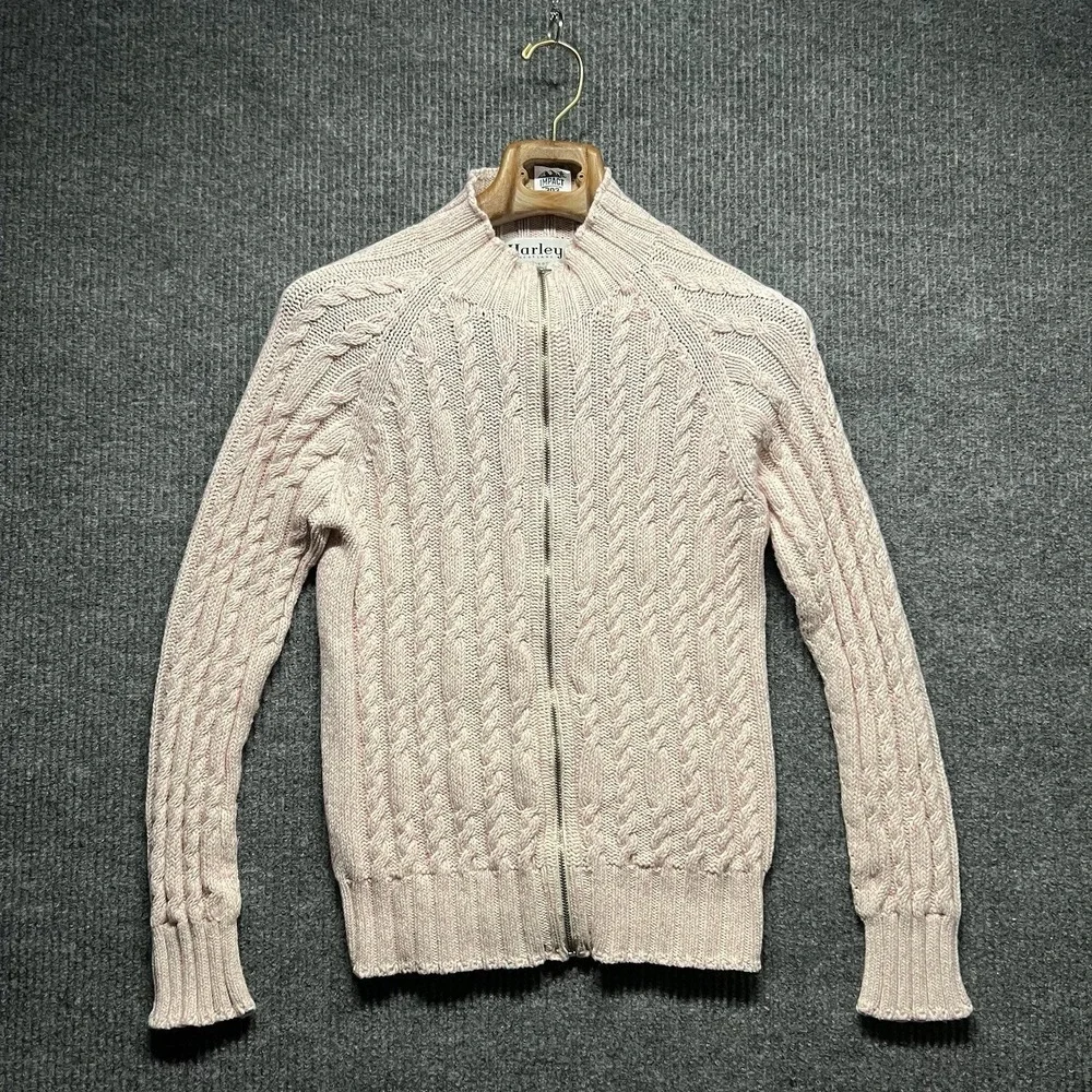 Harley of Scotland Sweater Womens Sweater Large Pink Cable Knit Long Sleeve Mock